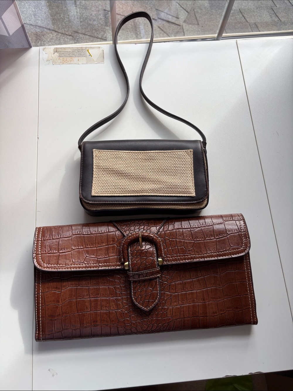 Brown Croc-Embossed Leather Clutch and small Dark Brown and Cream purse